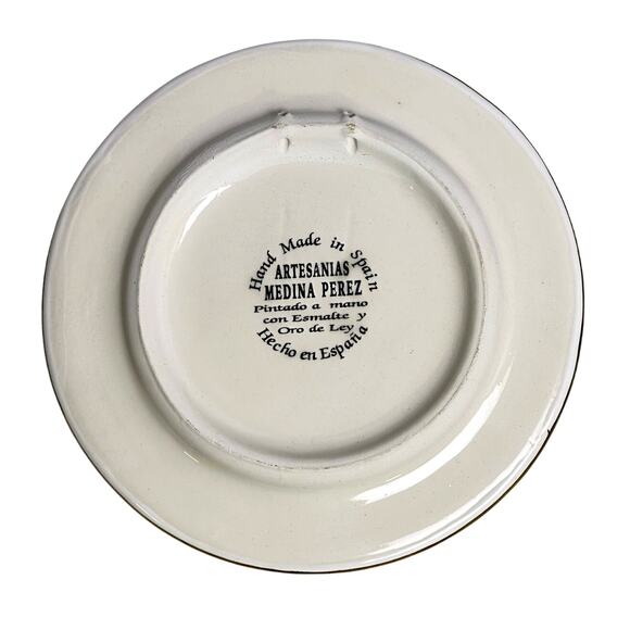 Vibrant Painted Enamel 6" Ceramic Plate Medina Perez Spain Gold Accents Gold Rim - Picture 3 of 5